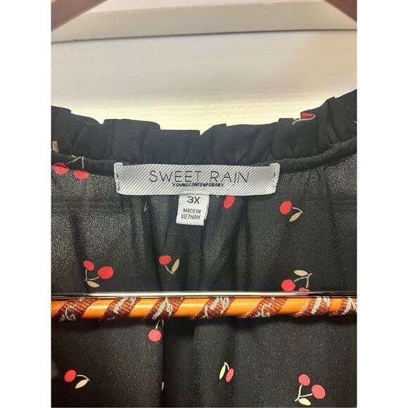 Sweet Rain Tie Front Ruffle Neck Flutter Sleeve Black Cherry Print Blouse sz 3X - Picture 5 of 7